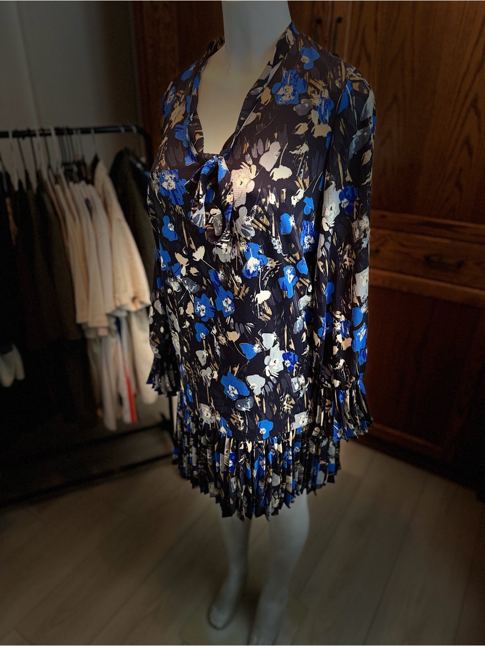 Maggy London Black Dress with Blue and Cream Floral Accents